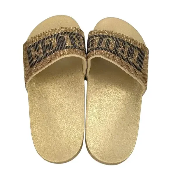 True Religion Jasmin Slide Sandals Gold Bling Rhinestone Studded Spellout - Picture 3 of 7
